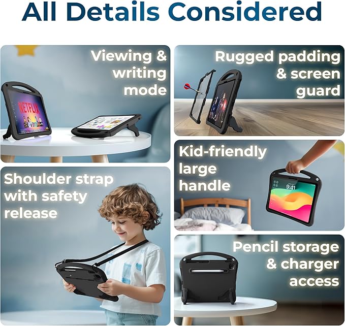 Bam Bino Space Suit, iPad Air 11 Inch Case Kids(M2/M3/M4), iPad Pro 11-inch(M4/M5), iPad A16(11thGen), iPad 10thGeneration, Built-in Screen Protector, Handle, Kick Stand, Shoulder Strap (Cosmic Black)