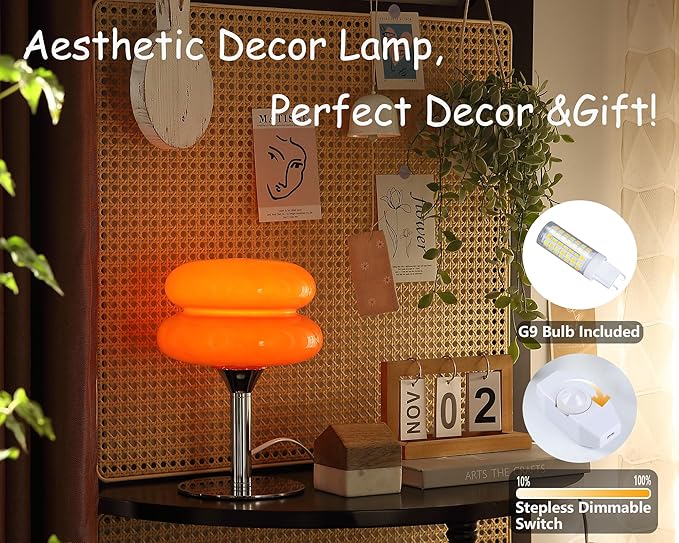 Glivpny Mushroom Lamp Table Lamp for Night Stands,Mid Century Modern Desk Lamps for Bedroom, Vintage Dimmable Bedside Small Cute Lamps, Cool Aesthetic House Warming Gifts New Home Decor(Orange Red)