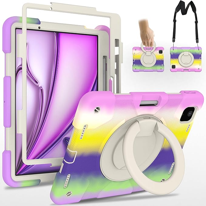 Andnary Case for iPad Air 11 inch Case M4/M3/M2 (2026/2025/2024), Heavy Duty Shockproof Cover with Screen Protector, 360° Rotating Stand, Pencil Holder, Shoulder Strap (Colorful Purple)