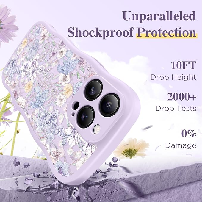 GVIEWIN for iPhone 15 Pro Case Compatible with MagSafe [Curly Wave Edge][Full Camera Protection] Floral Translucent Shockproof Magnetic Women Phone Case for iPhone 15 Pro 6.1'', Apricot Blossom/Purple