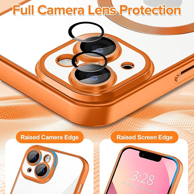 Hython Magnetic Clear for iPhone 13 Case with Camera Lens Protector [Compatible with MagSafe] Luxury Plating Edge Slim Soft TPU Cover Protective Phone Case for iPhone 13 6.1", Matte Orange