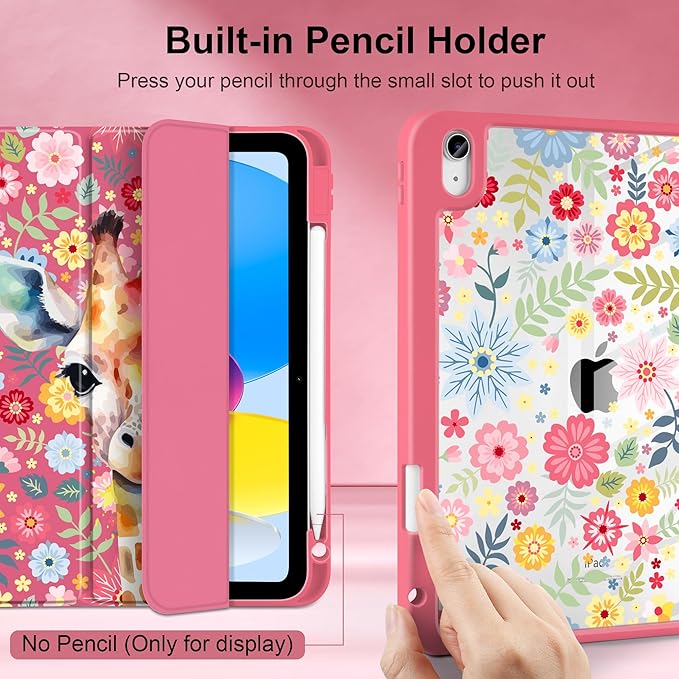 Case for iPad Air 13 inch 2026 M4 2025 M3 2024 M2 Release Slim Lightweight Shockproof Cute Hot Pink Cover with Clear Back TPU Edge Pencil Holder Trifold Stand Auto Wake Sleep, Giraffe