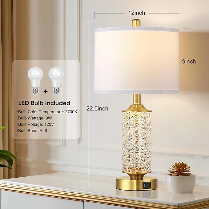 QiMH Set of 2 Table Lamps with USB A+C Ports, Modern Bedside Lamp with LED Night Light, Bedside Lamp for Bedroom, Nightstand Lamps for Living Room Office (Gold)(2 Bulbs Include)
