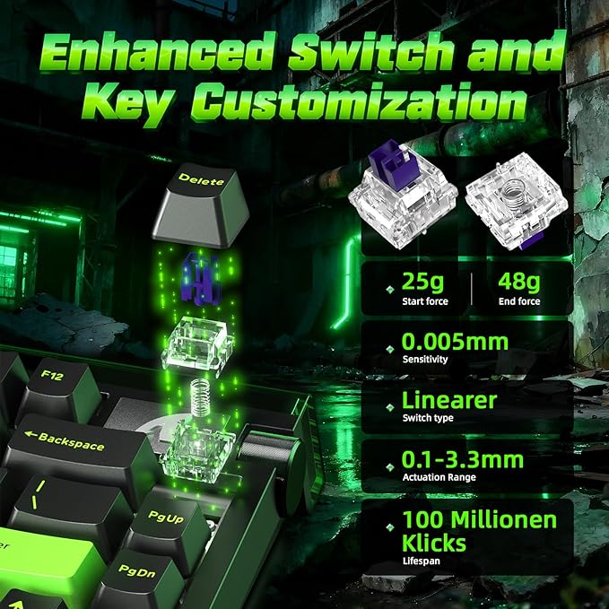 ATTACK SHARK R85 HE 75% Magnetic Wired Gaming Keyboard,8KHz Polling Rate Rapid Trigger,0.005mm RT Precision,256K Scan Rate,Custom Hot-Swappable,Web Driver PC Keyboard for Gamer/Win/Mac,Neon Green