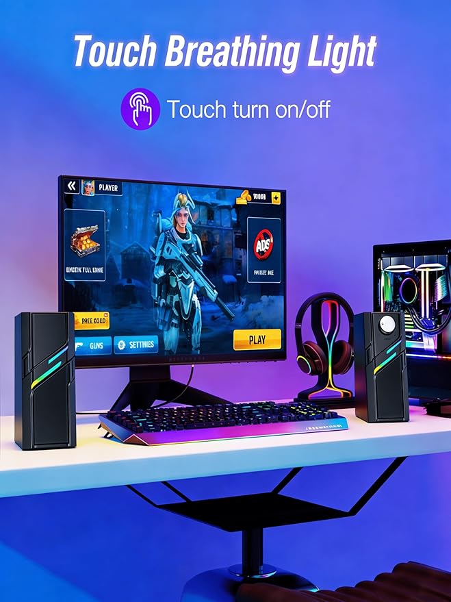 LENRUE Computer Speakers for Desktop PC with Easy Knob, Clear Powerful Sound, Touch Lights, Plug and Play for Computer Desktop PC, Monitors, Laptop (USB & AUX)
