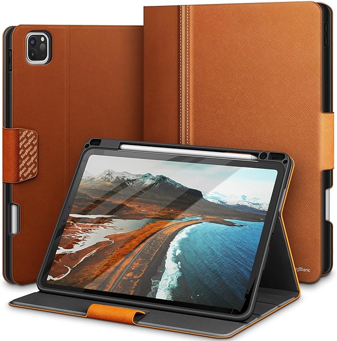 KingBlanc for iPad Pro 12.9 Case 6th/5th/4th/3rd Generation (2022/2021/2020) with Pencil Holder, PU Leather Smart Stand Cover, Auto Sleep/Wake, Apple Pencil2 Charging, Multi-Angle for Typing, Brown