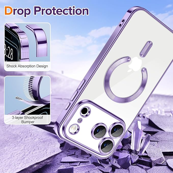 Hython Magnetic Clear for iPhone 17 Pro Case with Camera Lens Protector [Compatible with MagSafe] Luxury Plating Edge Slim Soft TPU Cover Protective Phone Case for iPhone 17 Pro 6.3", Light Purple