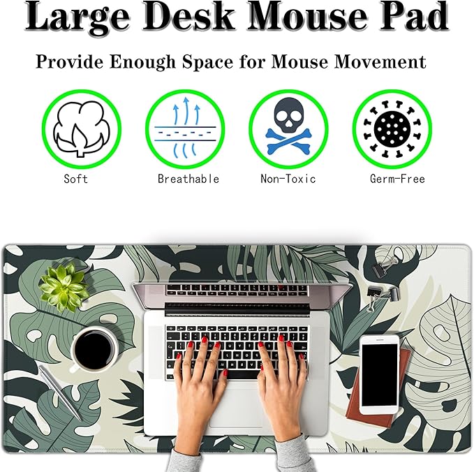 Large Mouse Pad Long Mousepad Desk Mouse Pads Keyboard Mats Gaming Mouse Mat Non-Slip Rubber Base Waterproof with Stitched Edges 35.4 X 15.7 for Game Office, Monstera Leaves