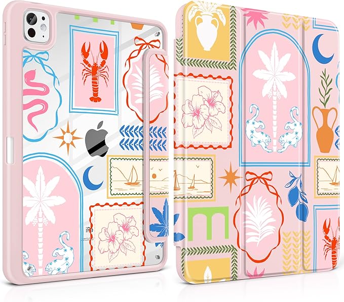 Case for iPad Pro 11 inch (M5) 2025 (M4) 2024 Release Slim Lightweight Cute Light Pink Cover with Clear Back TPU Edge Pencil Holder Trifold Stand, Creative Collage