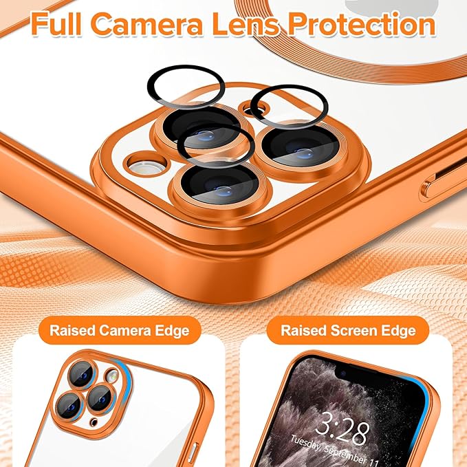 Hython Magnetic Clear for iPhone 11 Pro Case with Camera Lens Protector [Compatible with MagSafe] Luxury Plating Edge Slim Soft TPU Cover Protective Phone Case for iPhone 11 Pro 5.8", Matte Orange