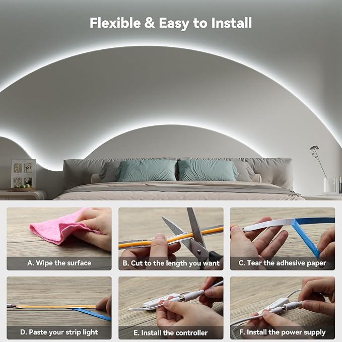 PAUTIX COB LED Strip Light 32.8ft,LED Lights UL-Listed Daylight White 6000K Strip Lights with RF Remote,Dimmable Super Bright 24V Cool White Natural White LED Tape Lights,Cabinet Office Lighting