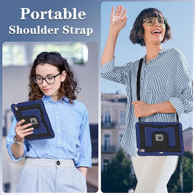 Kids Friendly Case for iPad Air 13 Inch M4 M3 M2 2026/2025/2024 Case with Pencil Holder & Shoulder Strap, Military Grade Shockproof Kickstand Hard Shell Protective Cover,Blue+Black