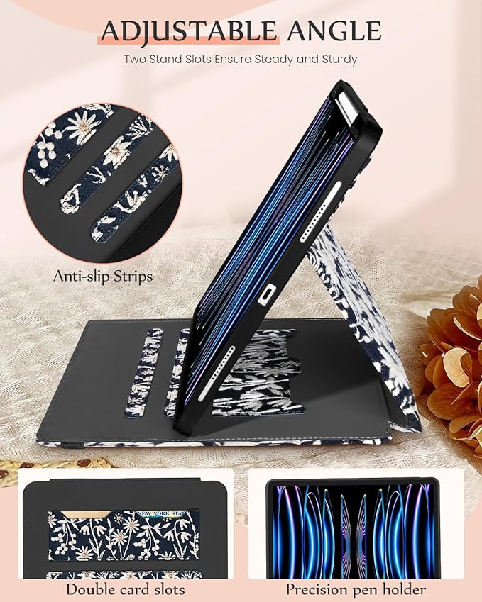 Uppuppy for iPad Air 13 Inch Case M3 2025/M2 2024, for iPad Pro 12.9 Case 6th/5th/4th/3rd Gen - Women Girls Cute Embroidered Folio Stand Cover with Pencil Holder & Card Slot Design Girly Kawaii Flower