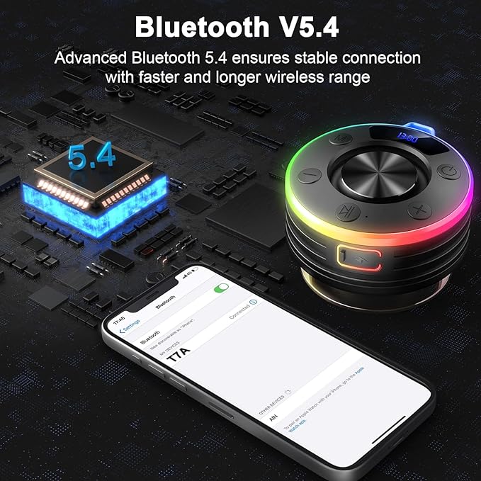 Bluetooth Speaker, Shower Speaker Portable with Hook, IPX7 Waterproof Bluetooth Speakers with Suction Cup, Digital/Time Display, Crystal Sound, Small Wireless Speakers for Outdoor Bathroom Gifts,Black