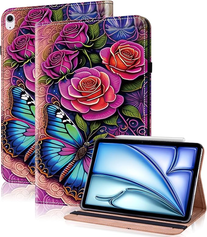 Case for iPad Air 13 inch M4 2026/M3 2025/M2 2024 with Pencil Holder & Card Slots & Auto Sleep, Embossed PU Leather Stand Magnetic Shockproof Cover Case for iPad Air 13 - Colorful Butterfly