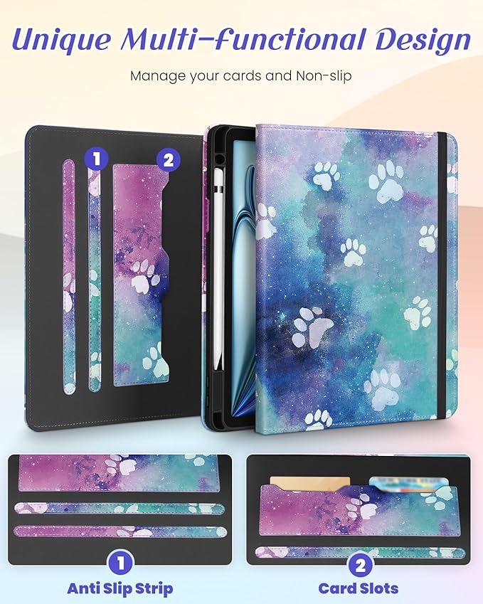 Kidcube for iPad Air 11 Inch Case M3/M2, Air 5th/4th Generation Cases 10.9'', Pro 11'' 2020 - Women Girls Aesthetic Cute Rotating Stand Folio Cover with Pencil Holder & Card Slot Kawaii Dogs Design