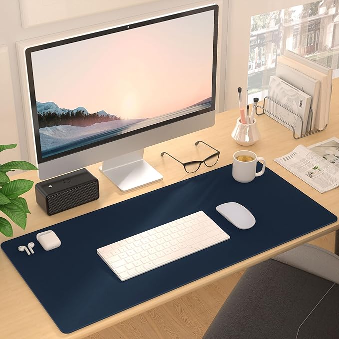 Leather Desk Pad Protector, Mouse Pad, Non-Slip Computer Mat for Desk, PU Leather Office Desk Mat for Home & Office, Waterproof Laptop Desk Blotter for Keyboard and Mouse, Navy (15.7''X31.5'')