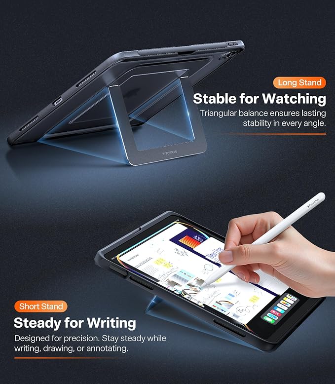 TORRAS Ostand K1 Guardian for iPad Air 13 inch Case M4 2026, M3 2025, M2, Ultra Stable Stand, Multiple Adjustable Viewing Angles, Slim Protective Kickstand iPad Air 13 Case with Pencil Holder, Black