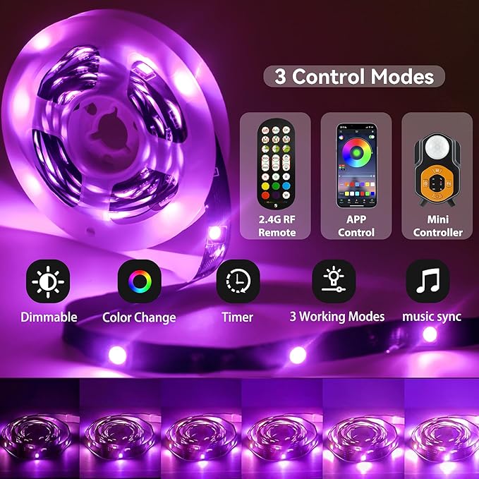 Motion Sensor LED Light Strip 2 x 10ft Under Bed Lights, RGB 3 Mode Motion Activated Bed Light with Music Sync and Timer, Dimmable Color Changing LED Lights for Bedroom Mother Day Gift