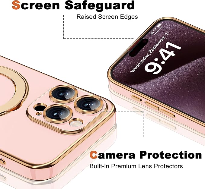 Compatible with iPhone 15 Pro Case with Magnetic Ring Stand [Compatible with Mag-Safe] [Full Camera Lens Protector] Soft Plating Phone Case for iPhone 15 Pro 6.1", Solid Pink