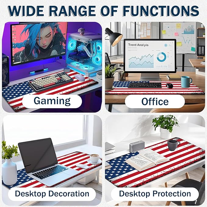 Gaming Mouse Pad - (31.5"×11.8") American Flag Large Mouse Pads for Desk - Desk Mat for Keyboard and Mouse with Non-Slip Base, Desks Pad Matfor Game/Office & Home