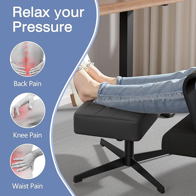 VECELO Under Desk Footrest, PU Ergonomic Foot Rest with Comfort Padding, Height Adjustable for Relieving Leg Pain, Stiffness, and etc, Black