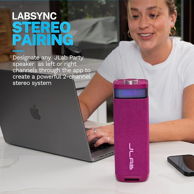 JLab JBuds Party Portable Bluetooth Speaker, 2 Full-Range Drivers + 2 Passive Woofers, IP56 Waterproof, 12 Hours Playtime, Connect Multiple Speakers, Custom Sound + RGB Lighting via App, Mulberry