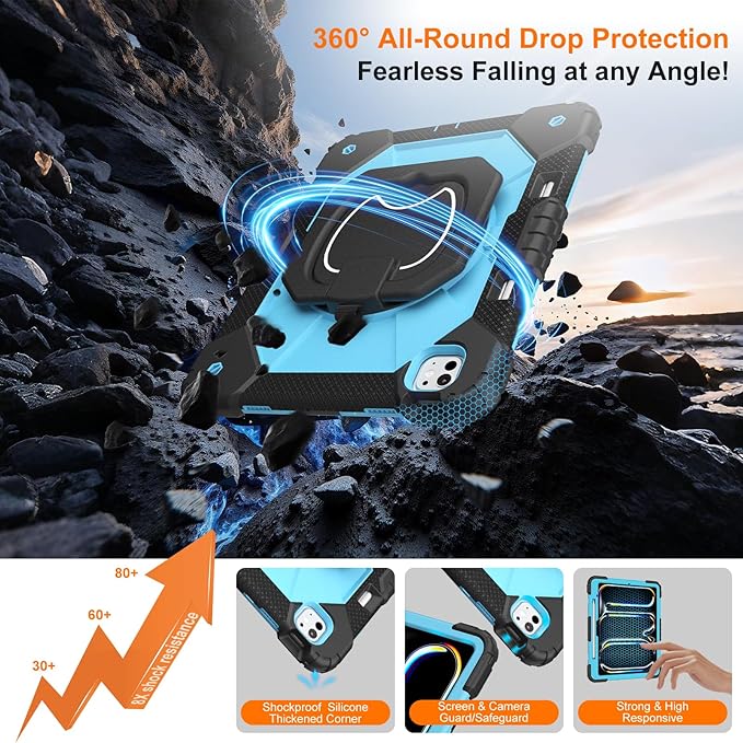 Case for iPad Pro 13 Inch M5 2025/ M4 2024, Ubearkk for iPad Pro 13 Inch case with Screen Protector, 360 Degree Rotating Stand Shoulder Strap Pencil Holder,Military Grade Shockproof, Black Blue