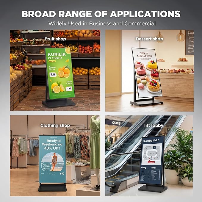 43 Inch Digital Signage Display, 4K 800 Nits UHD Full Screen LCD Advertising Kiosk, Portable Floor Standing Auto AD Player Android14 App-Based Control with USB/HDMI/WiFi
