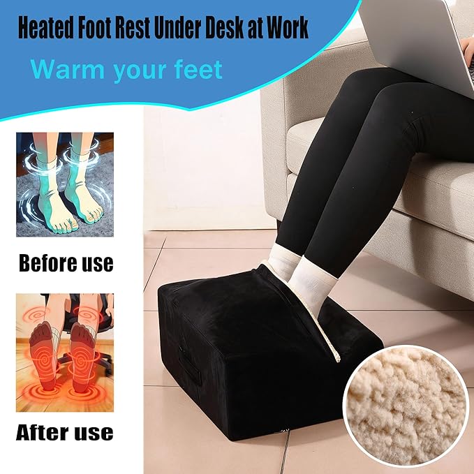Foot Rest for Under Desk at Work, Office Footrest with Warm Feet Pocket,Ergonomic Under Desk Footrest with Washable Cover, Stool for Office Chair & Back &Pain Relief (Black+)