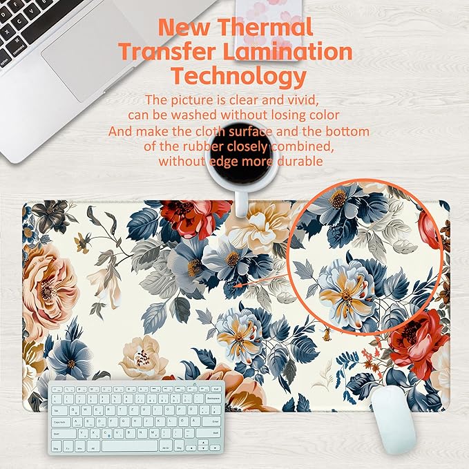 Large Gaming Mouse Pad for Desk,Vintage Botanical Flower Bunch Desk Mat,Beautiful Flowers Desk Pad,31.5"x15.7" Extended Big Computer Keyboard Mouse Pad with Non-Slip Base and Stitched Edge
