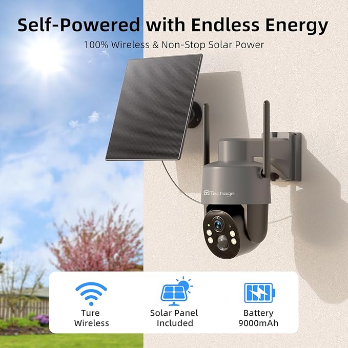 Techage 4G LTE Cellular Solar Security Camera Wireless Outdoor, 2.5K NO WiFi Security Camera with Color Night Vision, 360° PTZ Live View, PIR Motion Detection, Built-in SIM Card, 2 Way Talk