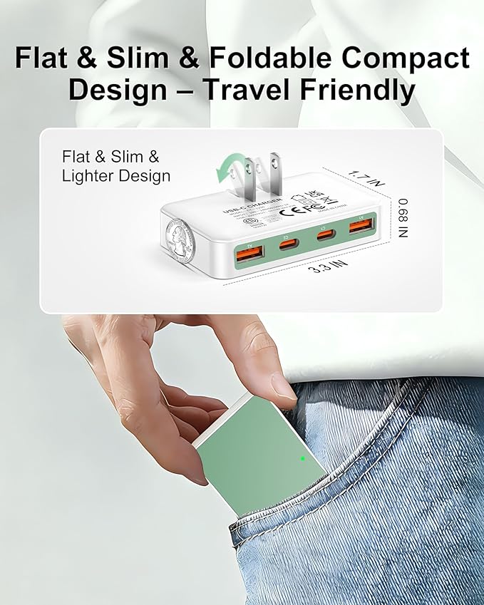 Flat USB Wall Charger 4 Ports Slim 35W USB-C/A Flodable Plug Fast Charging Block for iPhone 8/9/10/11/12/13/14/15 Multiport Power Charging Adapter for ipad and Galaxy Series S8-10 Green