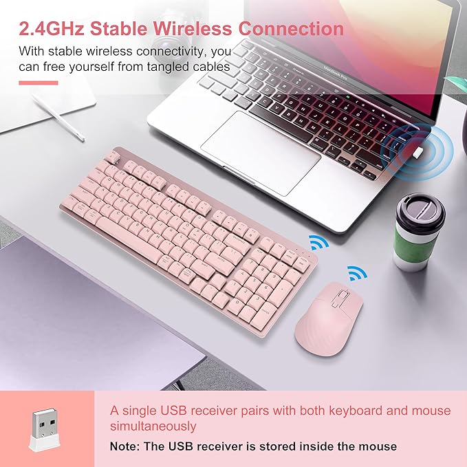 LeadsaiL Wireless Keyboard and Mouse Combo, 2.4Ghz Cordless Mechanical Keyboard and Silent Mouse for Business, Low-Profile Red Switch, 98-Key Compact Slim Keyboard for Windows/MacOS PC Laptop - Pink