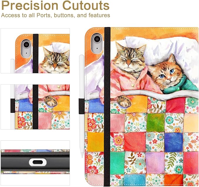 Vimorco Case for iPad (A16) 11th Generation 2025, for iPad 11th/10th Generation Case, Pencil Holder/Hand Strap/Pocket, Multiple Stand Protector PU Leather Shell Cover, Auto Wake/Sleep, Sleeping Cat