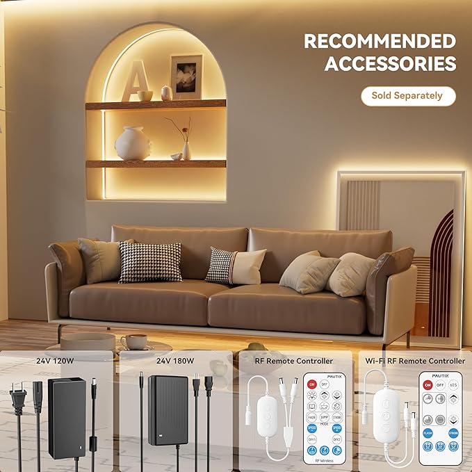 PAUTIX COB LED Strip Lights 48ft/15m Super Bright,504 LEDs/m Warm White 2700K CRI90+ Flexible LED Tape,DC24V for Cabinet Home DIY Lighting Projects with 2pcs COB Connector(Power Supply Not Included)