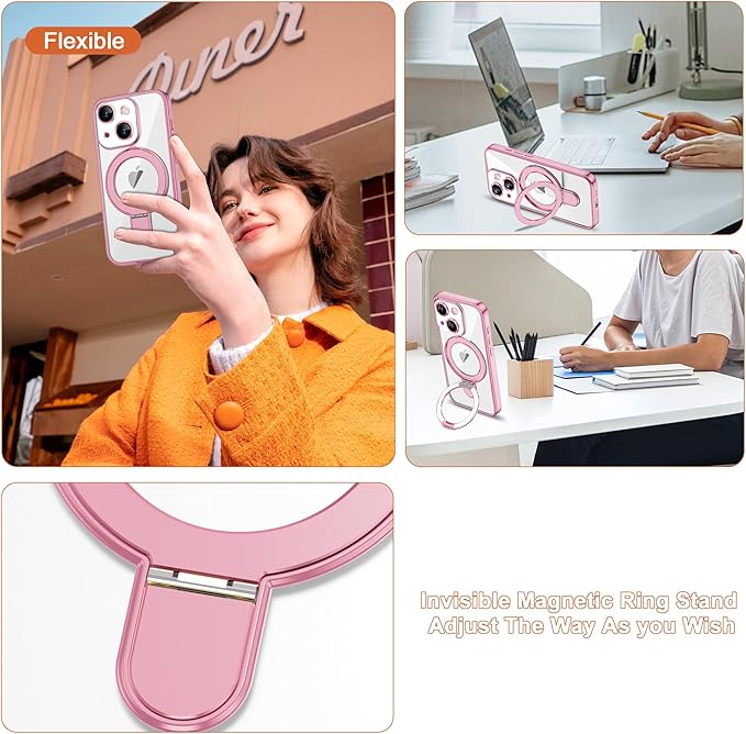 Compatible with iPhone 14 Case with Invisible Magnetic Ring Stand [Compatible with Mag-Safe] [Full Camera Lens Protector] Plating Clear Phone Case for iPhone 14 6.1", Pink