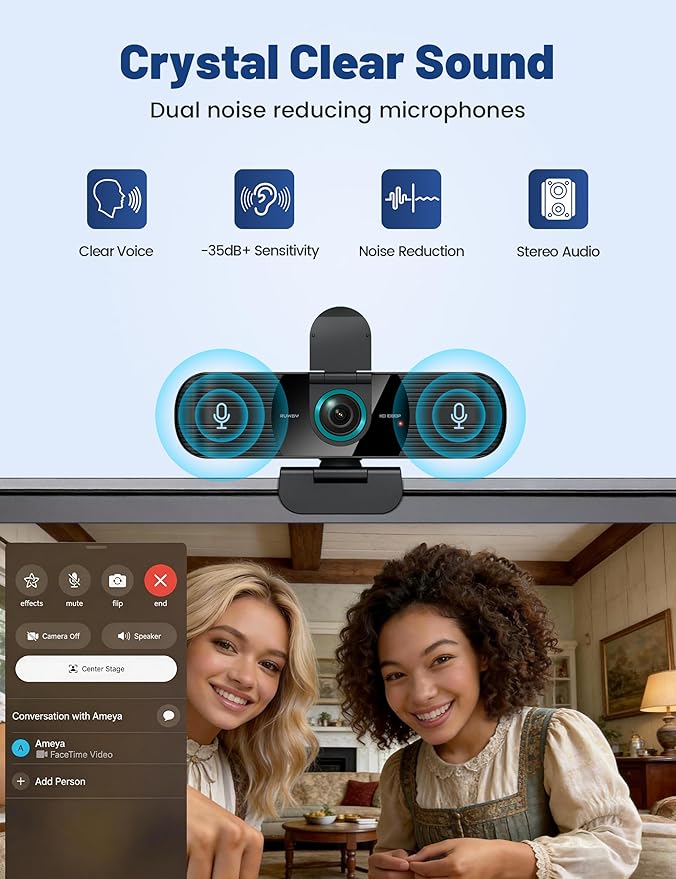 RUWBY Full HD 1080P Webcam with Built-in Dual Mics, Wide-Angle Lens, Privacy Cover, Tripod Stand, Autofocus Computer Camera, Plug and Play for Desktop PC or Laptop