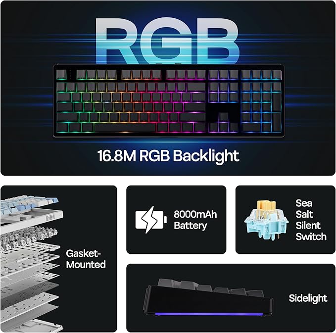 MechLands EPOMAKER TH108 Full Size Mechanical Keyboard, Wireless Gaming Keyboard, 8000mAh Battery, Creamy Gasket, 108 Keys, Hot Swap, Custom Driver, RGB Backlights (Black, Sea Salt Silent Switch)