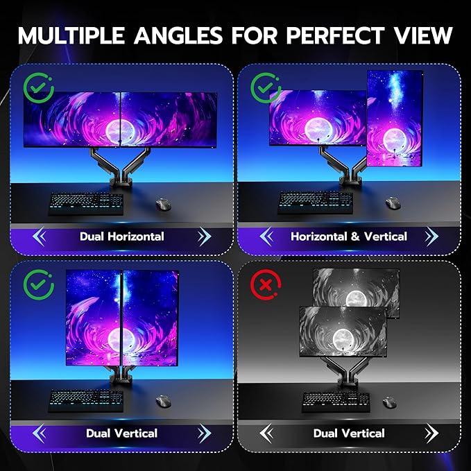 ARES WING Dual Monitor Arm for 17-35 Inch Flat Curved Ultrawide Screens Up to 26.5lbs, Fully Adjustable Dual Monitor Mount, C-Clamp & Grommet Base, 75/100 Vesa Mount, Black