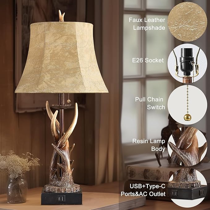 Antler Table Lamps Set of 2 with USB A+C Ports for Bedroom Farmhouse Deer Rustic Bedside Lamps with Faux Leather Bell Shade for Living Room End Table Hunting Themed Cabin Lamp Pull Chain