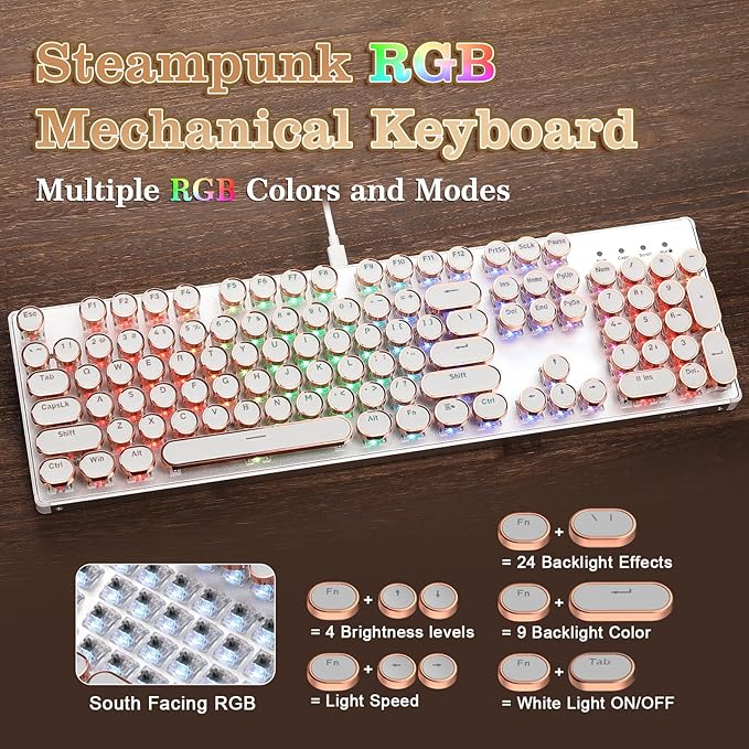YUNZII QL108 Typewriter Style Mechanical Gaming Keyboard,Full Size Hot Swappable RGB Backlit Keyboards,Metal Panel Retro Punk Round Keycaps,USB Wired Computer Keyboard (Silver, Onyx Gray Switch)