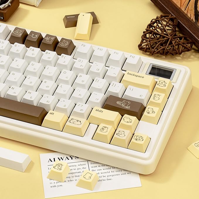Minimalist Yellow PBT Keycaps 134Keys - Custom Cute Japanese Keycap Cherry Profile Dye Sublimation - Brown Bear Key caps for Cherry MX, Outemu, Gateron Mechanical Keyboards