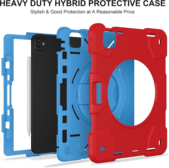 Andnary Case for iPad Pro 11 Inch M4 2024/M5 2025 Case, Heavy Duty Shockproof Cover with Screen Protector/360° Rotate Stand/Shoulder Strap/Pencil Holde (Red+Blue, iPad Pro M4/M5 11 inch)