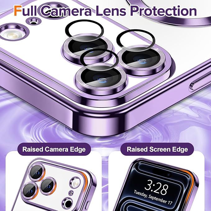 Hython Magnetic Clear for iPhone 17 Pro Case with Camera Lens Protector [Compatible with MagSafe] Luxury Plating Edge Slim Soft TPU Cover Protective Phone Case for iPhone 17 Pro 6.3", Deep Purple