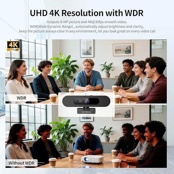 TOALLIN 4K AI Webcam for PC, AI Auto-Framing, WDR/HDR, Pic-in-Pic, Built-in Dual Mics, 5X Adjustable Zoom, Image Mirroring, 92° FOV Webcam for Video Conferencing, Streaming, Video Calls