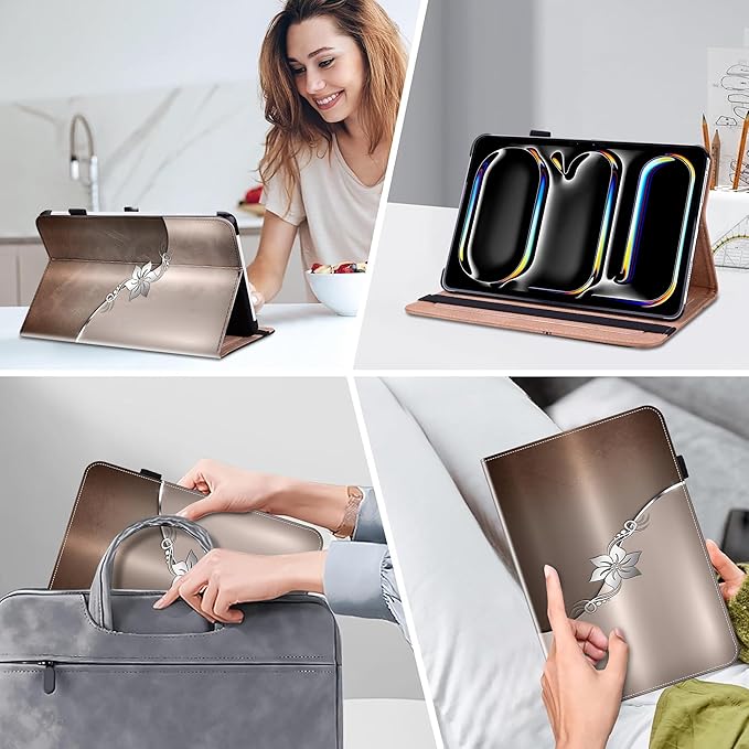 Case for iPad Pro 13 inch (M5/M4) 2025/2024, Premium Leather Folio Stand Protectors Cover with Auto Wake/Sleep, Pencil Holder, Hand Strap and Card Slots - Silver Flower