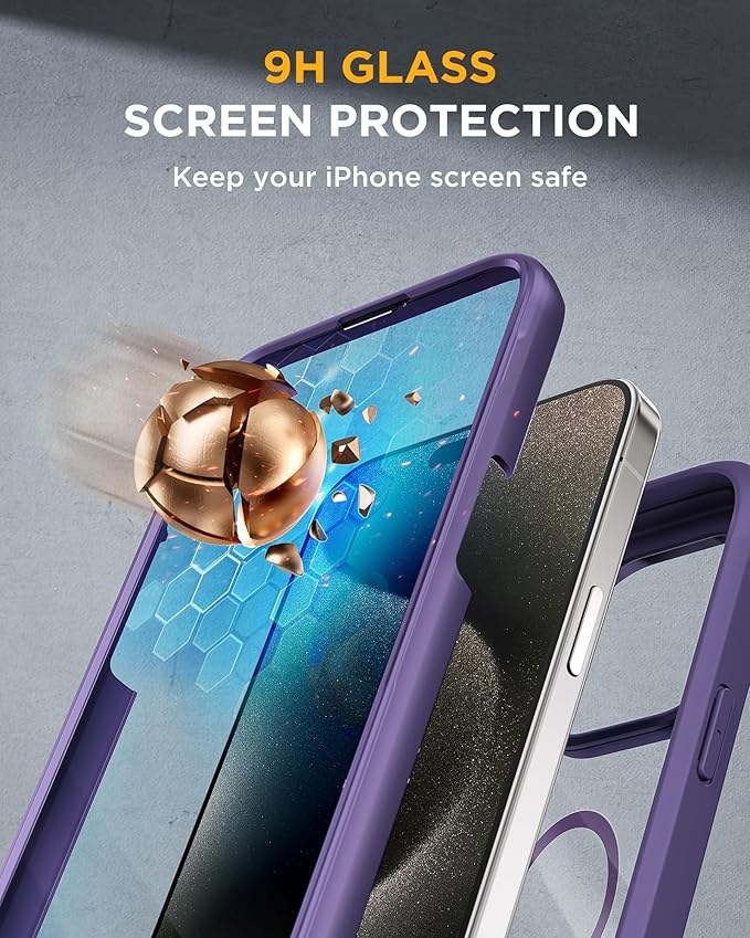 Miracase Magnetic for iPhone 15 Pro Max Case 6.7'' [Compatible with Magsafe] Full-Body Drop Proof Phone Case for iPhone 15 ProMax with Built-in 9H Tempered Glass Screen Protector,Magnetic Purple