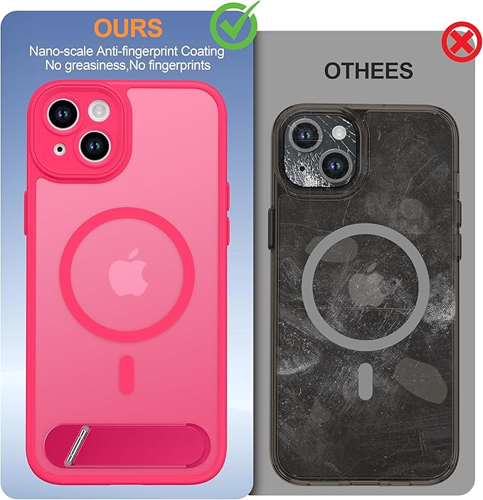 Magnetic Compatible with iPhone 15 Plus Case, [Built-in Kickstand][Full Camera Protection][Compatible with MagSafe][Anti-Fingerprint] Shockproof Phone Case for iPhone 15 Plus 6.7",HotPink