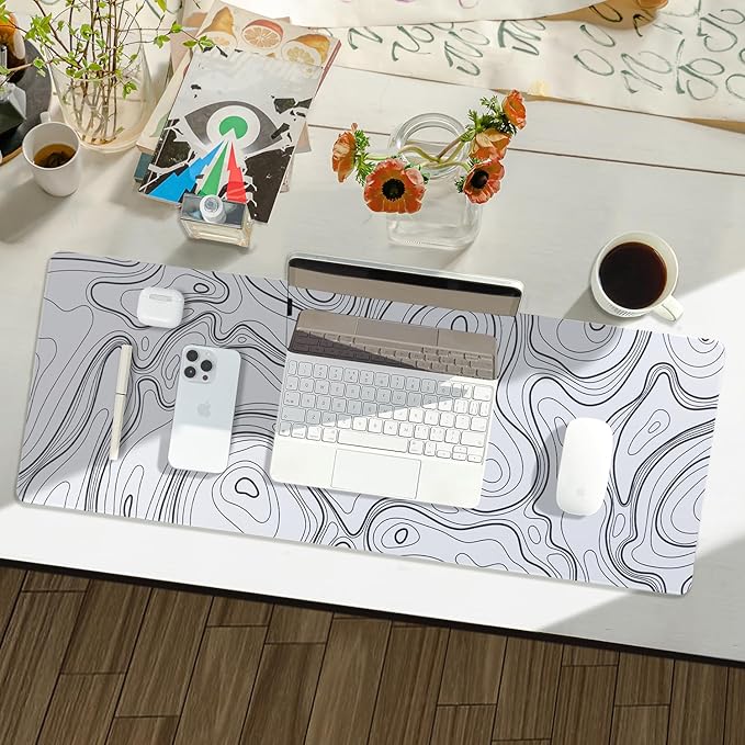 Reniteco Waterproof Large Gaming Mouse Pad with Durable Stitched Edges, Non-Slip Rubber Base, Grainy Jacquard Mouse Mat Desk Pad for Home Office Gaming, 31.5''x11.8''x0.12'', Topographic Map White